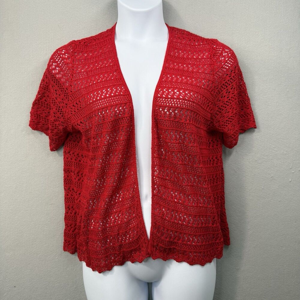 CJ Banks Red Open Front Pointelle Knit Short Sleeve Cardigan Size 1X